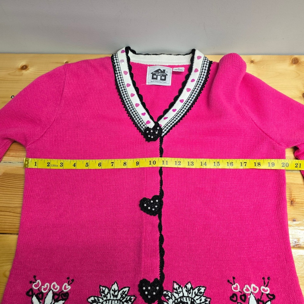 Storybook Knits Passionate Heart Cardigan Womens M Pink Embroidered Grandmacore - Picture 11 of 14